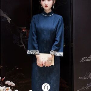 Elegant Blue Dress with Embellished Cuffs